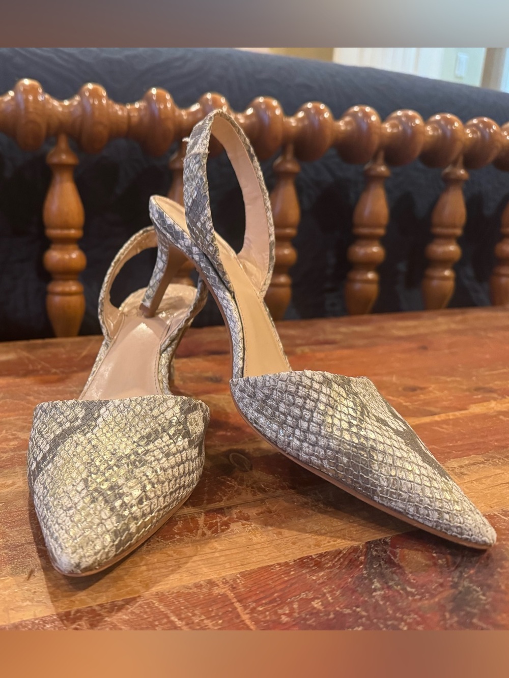Vince Camuto Gray Snake-Print Pointed Slingback Heels